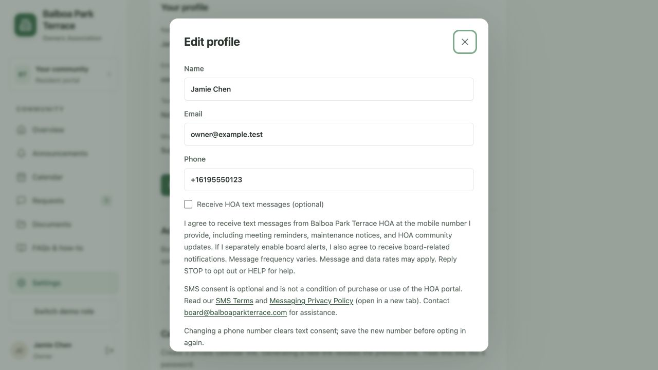 Actual portal profile screen with test contact details, an unchecked optional SMS checkbox, message disclosures, and policy links