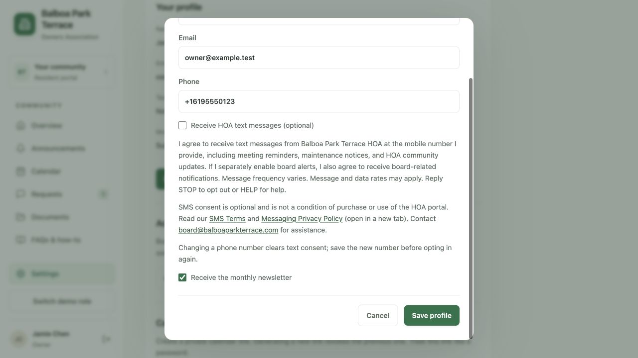 Lower portion of the same actual consent form showing disclosures, separate newsletter preference, and Save profile button